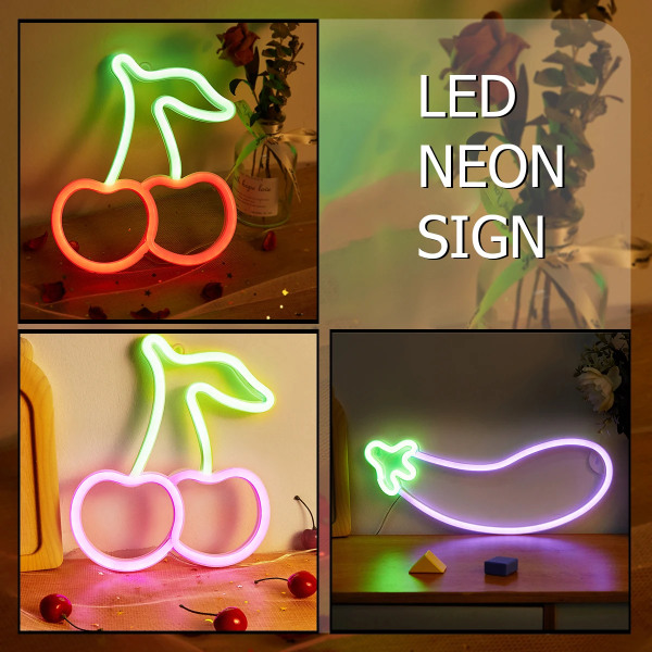 Cherry&Aggplant LED Neonskylt USB driven eller power Neonskyltar Nattljus För sovrum Vardagsrum Inredning L purple