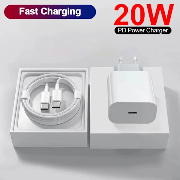 PD 20W Snabbladdare EU-kontakt med 1M/3FT Kabel för iPhone iPad Samsung Telefon EU with C to C cable