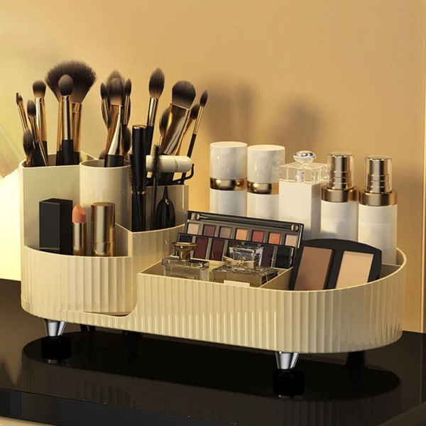Makeup Organizer med roterande bas och delade fack för läppstift och hudvårdsprodukter Beige
