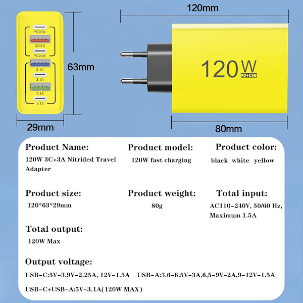 USB C Laddare Totalt 120W Multiportar Snabbladdning Telefon Strömladdare För iPhone Samsung Xiaomi Huawei EU US Väggladdare EU Yellow