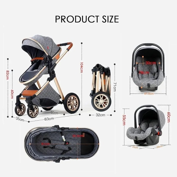 Lyxig baby 3 i 1 bärbar baby hopfällbara barnvagnar hög landskap aluminiumram bil för nyfödd baby 3 in 1 grey