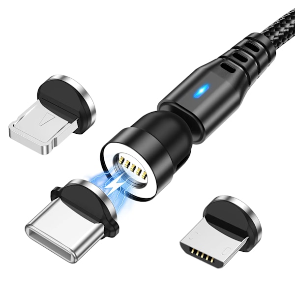 USLION 7A Magnetisk USB Snabbladdningskabel Typ C Mirco Telefon Datakabel För iPhone 16 15 Pro Max Xiaomi 14 POCO F6 Oneplus 13 Black 3in1 2m