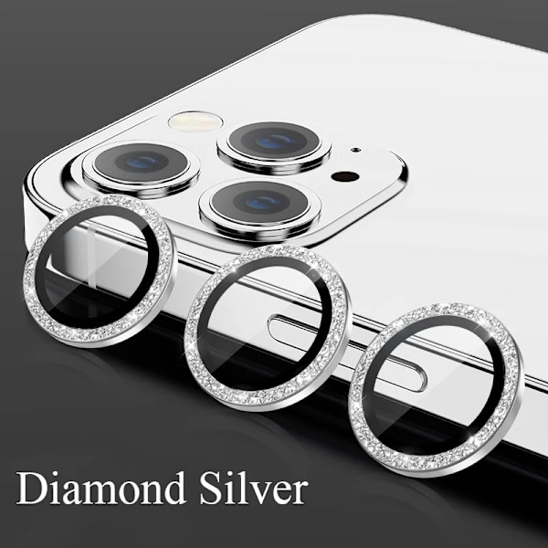 Kameraskydd för iPhone 11 12 13 14 15 Pro Max Mini 9H Härdat Glas Skärmskydd Film 14/15 Plus Metallring Diamond Silver 11 (2PCS)
