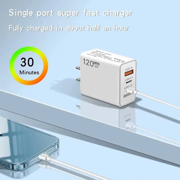 120W PD QC3.0 Snabbladdare 3 Portar USB-C Multi-Enhetsladdare Väggladdare för iPhone 15 16 Samsung Xiaomi Dropshipping EU Plug