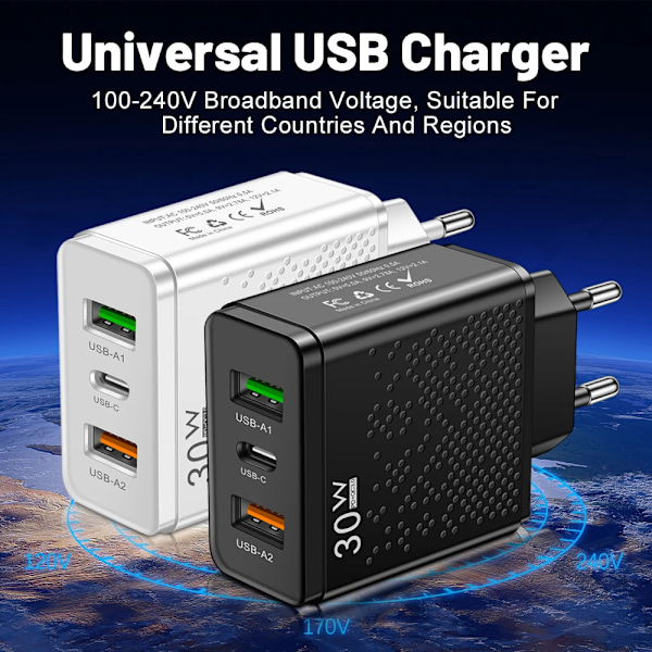 30W USB C Laddare Snabbladdning PD Snabbladdare 3.0 Väggladdare För Telefonadapter För iPhone 15 Xiaomi 13 POCO Samsung Oneplus White EU Plug