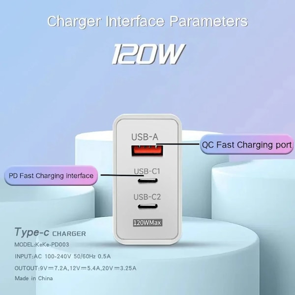 120W PD QC3.0 Snabbladdare 3 Portar USB-C Multi-Enhetsladdare Väggladdare för iPhone 15 16 Samsung Xiaomi Dropshipping EU Plug