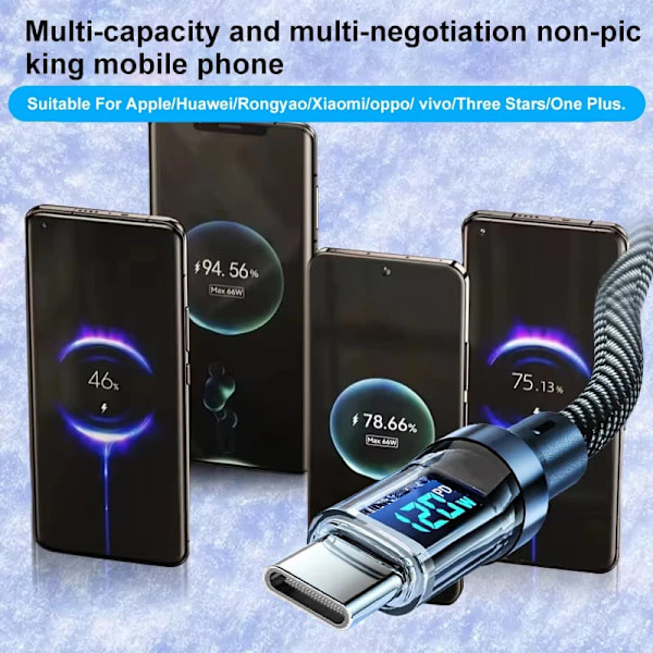 Ny 120W 6A Snabbladdningskabel USB Typ C-kabel För Samsung Xiaomi Med LED Digital Display Telefon Datakabel Laddartillbehör USB Cable 2m