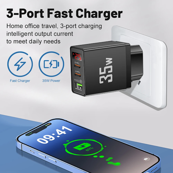USB C Laddare 3 Portar PD Snabbladdning Digital Display Quick Charge 3.0 Telefon Väggadapter för iPhone 15 Xiaomi Samsung Huawei EU White