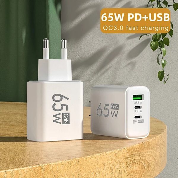 GaN Snabbladdare 65W USB Typ C Laddare EU KR PD 3.0 Snabbladdning För Telefon För iPhone 15 Xiaomi Huawei Samsung WHITE