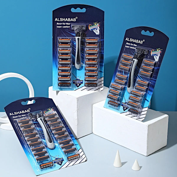 1 rakhyvel + 20-30 st extra påfyllningspatroner 3 blad män rakkniv grå färg Manuell rakapparat för män Barberrakning 24 Extra Refill