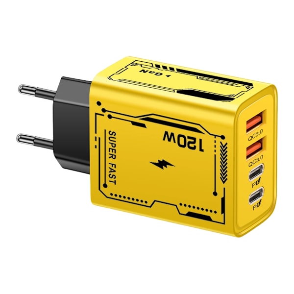 120W Snabbladdning 4 Portar USB C Väggladdare QC3.0 PD Ström för iPhone 16 15 för Huawei för Samsung för Xiaomi EU Yellow