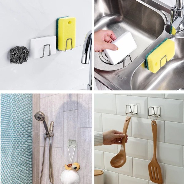Kökssvampar Hållare Rostfritt stål Diskbänk Hylla Självhäftande hållare Avloppstorkställ Väggkrokar Tillbehör Organizer SILVE-5PCS