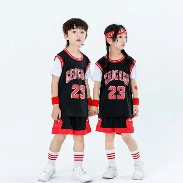 Ny 23/24 pojkar och flickor Bulls 23 baskettröja falska tvådelade barnlagsuniformset set black (12-14Y)-kids-28