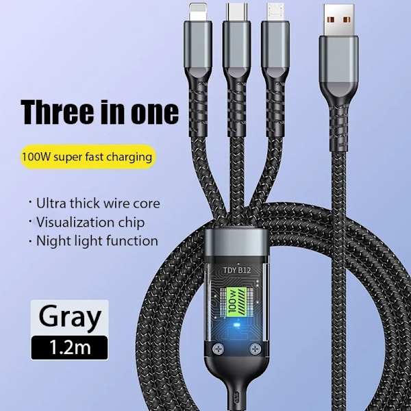3-i-1 100W 6A Snabbladdande USB till Type-C Micro Snabbladdningskabel för iPhone14 13 Samsung Xiaomi Huawei Hörlurar Power Bank Gray