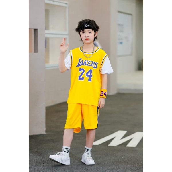 NYA 23/24 pojkar och flickor Baskettröjor Falska tvådelade barnuniform kit grundskoleträning Lakers 24 Yellow (12-14Y)-kids-28