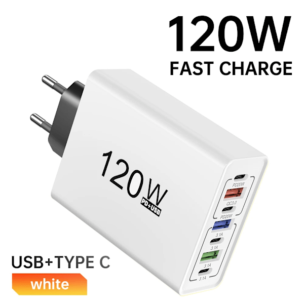 USB C Laddare Totalt 120W Multiportar Snabbladdning Telefon Strömladdare För iPhone Samsung Xiaomi Huawei EU US Väggladdare EU White