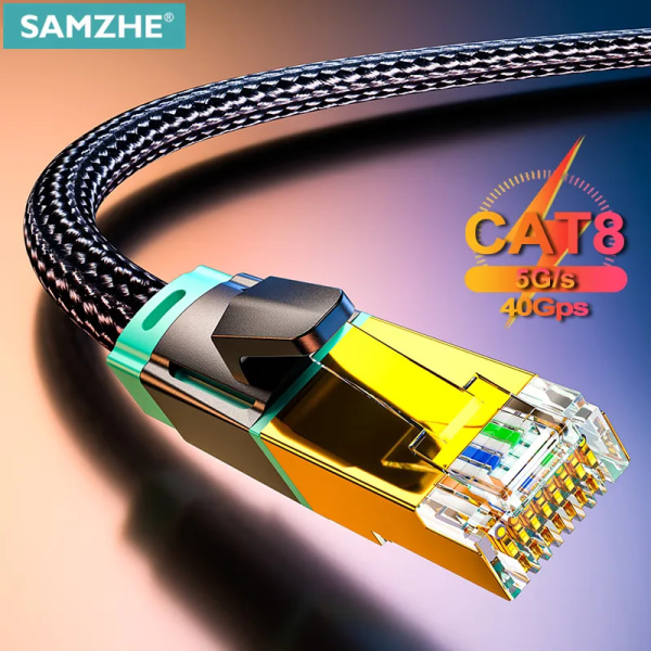 Samzhe – kabel Ethernet Cat8 SFTP 40 Gbps Supersnabb, kabelupplöst RJ45, anslutningsplatta eller strömruta, modem, kabel Lan CAT8/7/6 8m CAT 8 Flat Green
