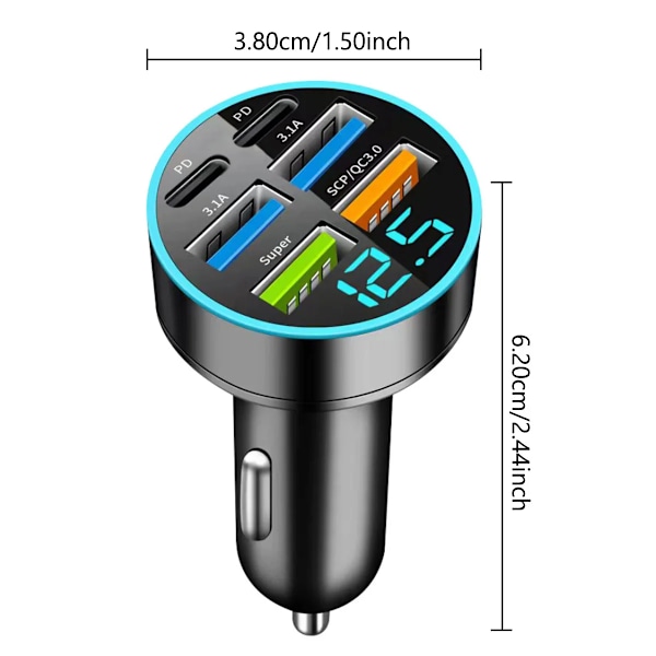 USB-C Typ C Bil Laddare 6 Portar USB Super Snabb Laddning Telefon Laddning Spänningsdetektering Digital Display Mobiltelefon Laddare black Universal