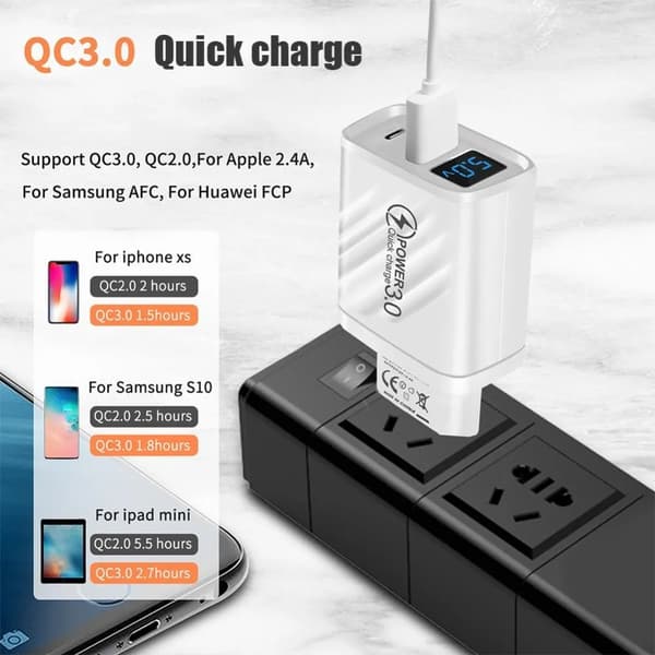 2USB Telefonladdare 20W 5V 2.4A Snabbladdningsadapter med Digital Display Quick Charge 3.0 EU US Standard För iPhone Android White-EU