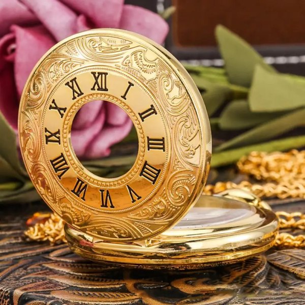 Vintage klassiska fickur Golden Silver Roman Scale Quartz Rund Fob Watch Vintage Skelett Watch Smycken Tillbehör B01