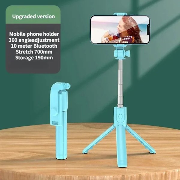 Selfie Stick Trådlöst Stativ med Lampa Bluetooth Fjärrkontroll Utdragbart Stativ för iPhone Mobiltelefon Tiktok Livestreaming Green