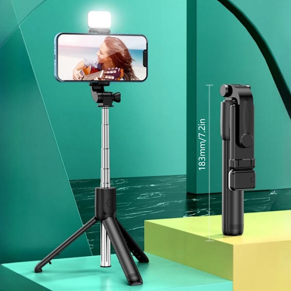 Allt-i-ett Portabelt Stativ för iPhone Selfie Stick med Fyllningsljus Utdragbart Telefonstativ för Tiktok Live BT Fjärrkontroll Black (With Light)