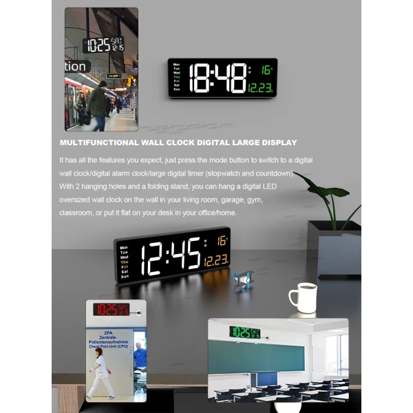 16-tums digital väggklocka Stor LED-väckarklocka Fjärrkontroll Datum Vecka Temperaturklocka Dubbla larm LED-skärmklocka green