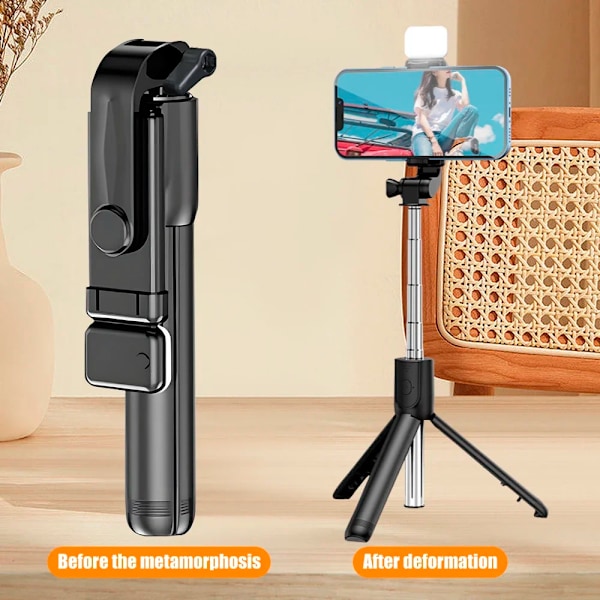 360° Roterande Selfie Stick Telefonhållare Stativ Fotopinne Multi-läge Kameramaterial Utdragbart Mobiltelefonstativ Selfie-artefakt Black With Lamp