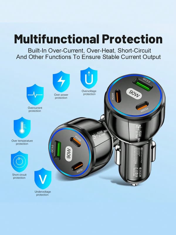 90W 1 Usb & 2 Pd Port Bil Snabbladdare Black one-size