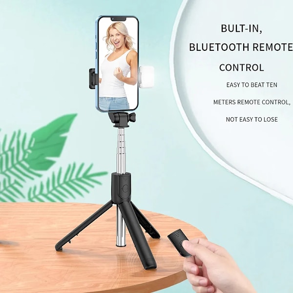 Allt-i-ett Portabelt Stativ för iPhone Selfie Stick med Fyllningsljus Utdragbart Telefonstativ för Tiktok Live BT Fjärrkontroll Black (With Light)