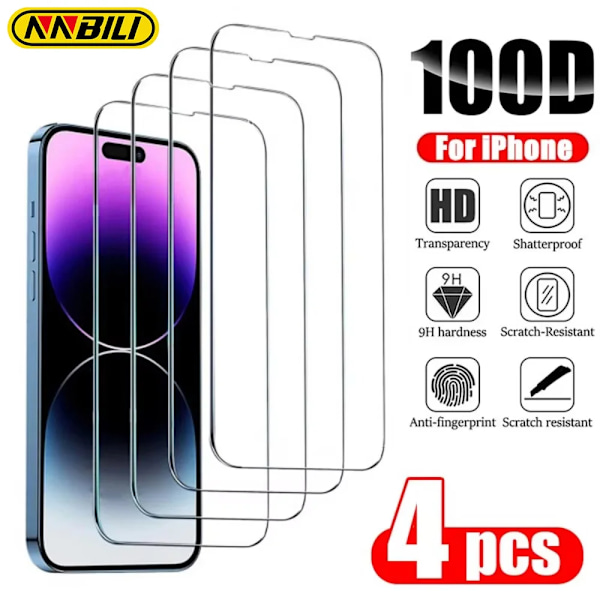 NNBILI 4 st Härdat Glas Skärmskydd För iPhone 13 16 15 12 11 Pro Max 14 15 16 Plus För 16e 12 13 Mini Härdat Glas For iPhone 16Plus 4PCS Tempere