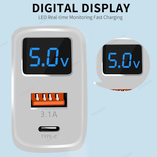 20W USB C Laddare PD Snabbladdning Mobiltelefonladdare Ström För iPhone Samsung Xiaomi Digital Display QuickCharge Kontakt EU White