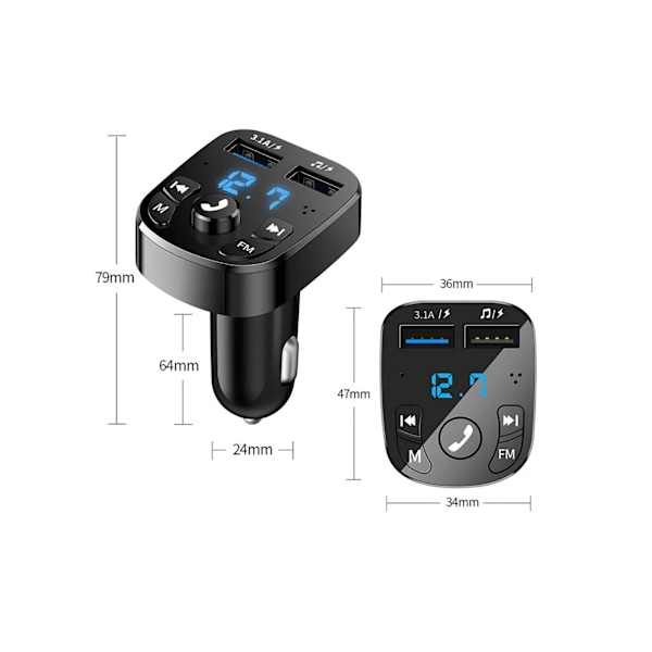 Multifunktionell Billaddare Med Bluetooth Mp3-Spelare, Bil Fm-Sändare, Handsfri Musik & Usb Flash Drive Reader, Usb Billaddare Black
