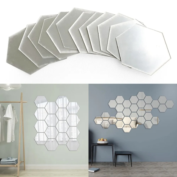 12 st/ set DIY 3D spegel väggdekal Hexagon heminredning Spegel dekor klistermärken Konst vägg sovrum dekoration självhäftande klistermärken silver 80x70x40mm