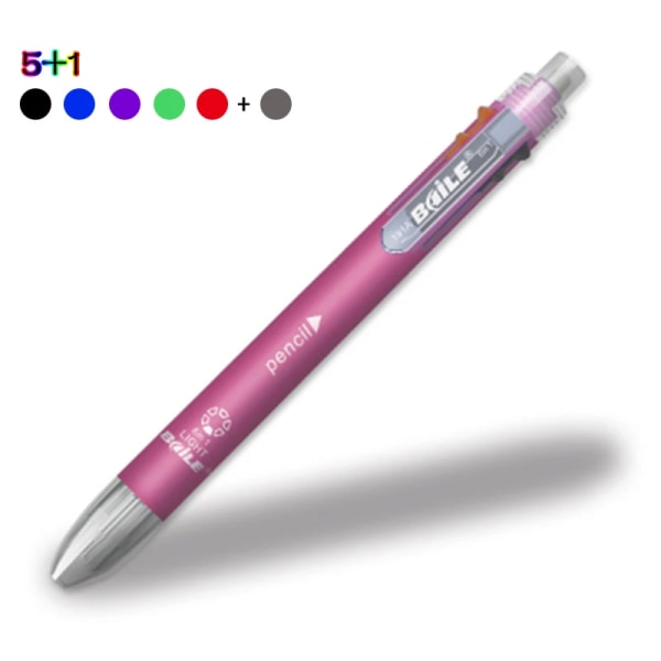 6 i 1 flerfärgade kulspetspennor 5 färger kulspetspenna 1 automatisk penna med suddgummi för skolans kontorsskrivmaterial Brevpapper Pink
