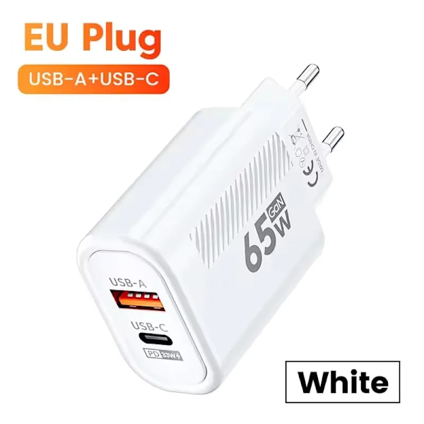 65W GaN USB C PD Laddare Snabbladdning Typ C Mobiltelefonladdare Adapter Snabbladdare 3.0 För iPhone 15 Samsung Xiaomi Huawei White EU