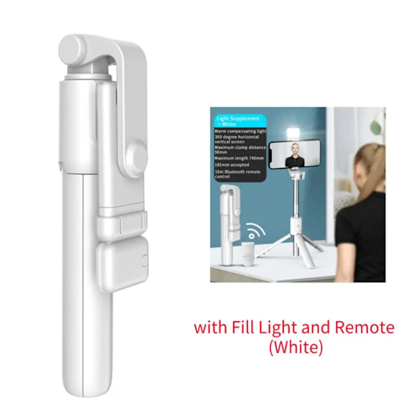 R1 Trådlös Bluetooth Selfie Stick Vikbar Portabel Tripod med Fyllnadsljus Fjärrkontroll för Android iPhone Smartphone White