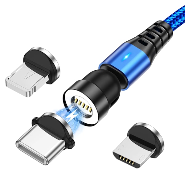USLION 7A Magnetisk USB Snabbladdningskabel Typ C Mirco Telefon Datakabel För iPhone 16 15 Pro Max Xiaomi 14 POCO F6 Oneplus 13 Blue 3in1 2m