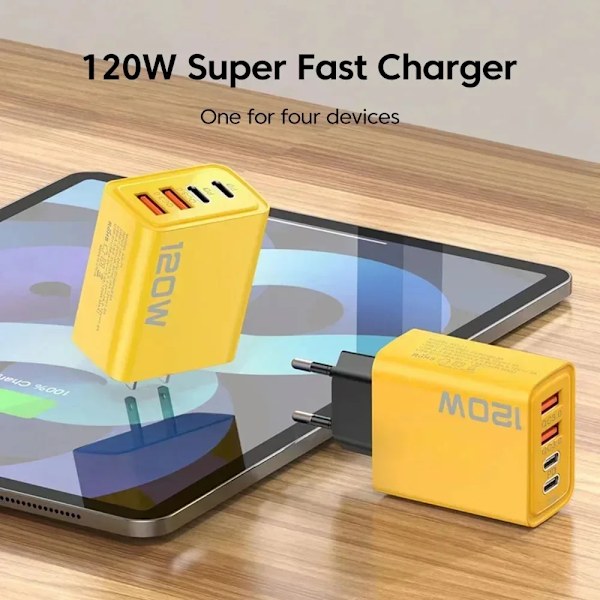 USB C Laddare Totalt 120W Multi 4 Portar Typ C Snabbladdning QC3.0 PD Snabbladdande Mobiltelefon Väggladdare för IPhone 15 Samsung EU Black