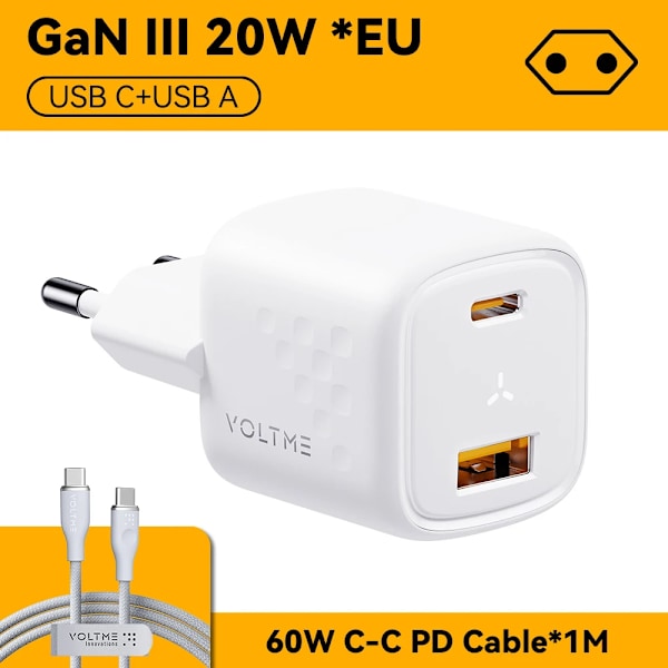 VOLTME USB C Laddare 20W Power Delivery + QC3.0 USB A Dubbel Port Snabbladdning för iPhone 15 14 13 12 Pro Max BR