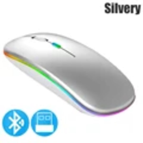 Trådlös mus Bluetooth-kompatibel 2,4 GHz 1600 DPI USB uppladdningsbar RGB-ljus bärbar mus för bärbar dator PC Macbook-spel 2.4G BT Silver