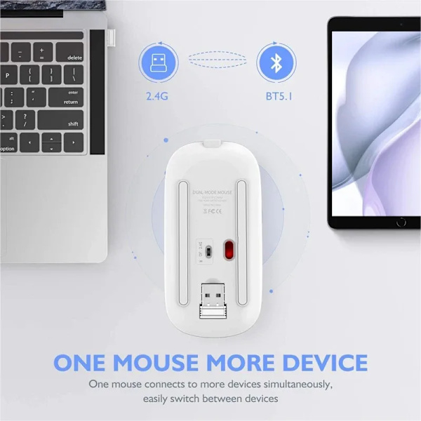Trådlös mus Bluetooth-kompatibel 2,4 GHz 1600 DPI USB uppladdningsbar RGB-ljus bärbar mus för bärbar dator PC Macbook-spel 2.4G BT Silver