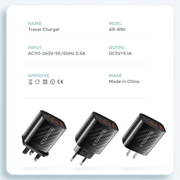 48W USB-laddare 4 Portar ny Snabbladdning QC 3.0 För Samsung Xiaomi mi10 Huawei Laddare För Smartphones PD Snabbladdning White EU