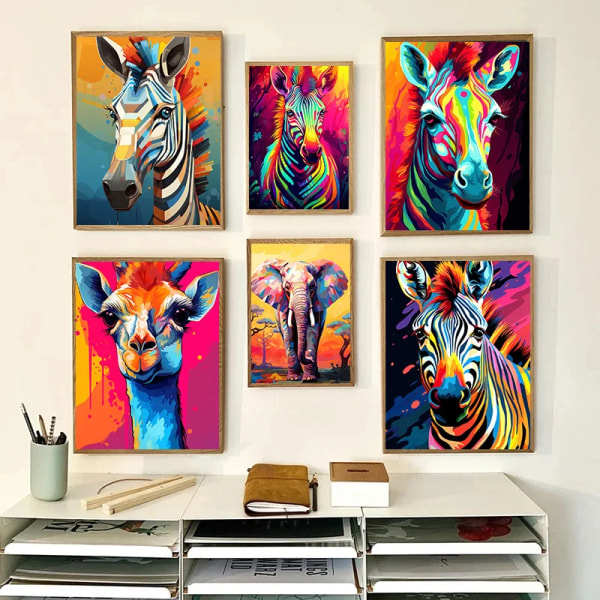 1st Dukmålning Abstrakt Serie Färgglad Elefant Tiger Zebra Giraff Djur Dukmålning Ornament för hembild 3 40x50cm No Framed