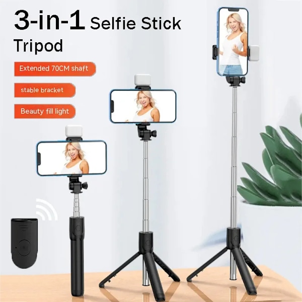 Allt-i-ett Portabelt Stativ för iPhone Selfie Stick med Fyllningsljus Utdragbart Telefonstativ för Tiktok Live BT Fjärrkontroll Black (With Light)
