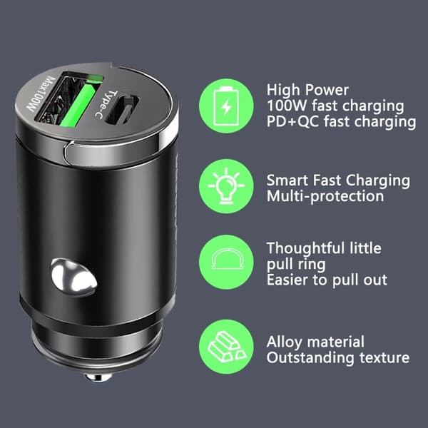 100W Mini Billaddapter Snabbladdning för iPhone QC3.0 Mini PD USB Typ C Billaddare för Xiaomi Samsung Huawei PD30W Sliver