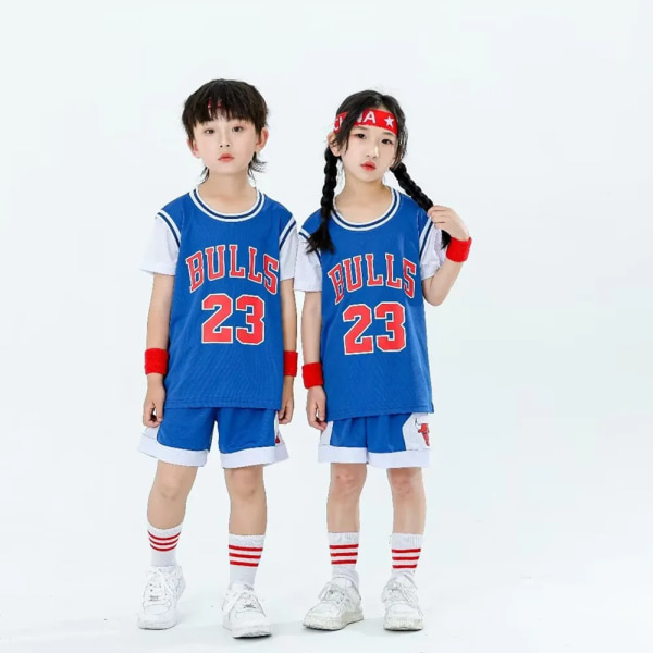 Ny 23/24 pojkar och flickor Bulls 23 baskettröja falska tvådelade barnlagsuniformset set Blue (8-9Y)-kids-24