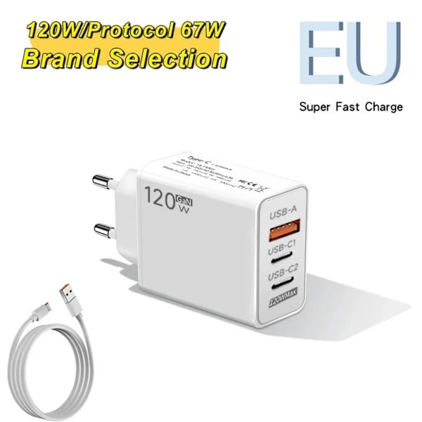 120W PD QC3.0 Snabbladdare 3 Portar USB-C Multi-Enhetsladdare Väggladdare för iPhone 15 16 Samsung Xiaomi Dropshipping EU Plug and Cable