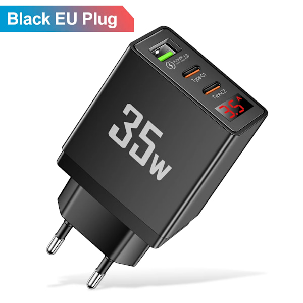 USB C Laddare 3 Portar PD Snabbladdning Digital Display Quick Charge 3.0 Telefon Väggadapter för iPhone 15 Xiaomi Samsung Huawei EU Black