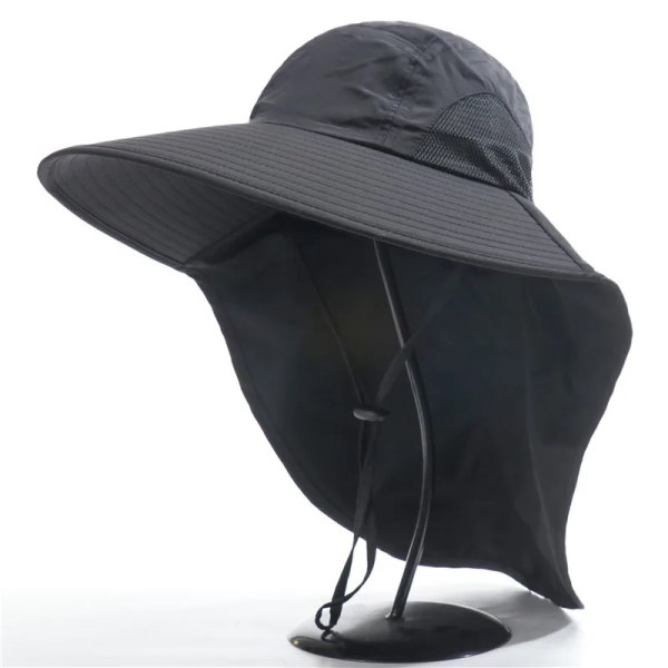 Utomhus fiskare hatt Bred brättad bucket hatt med cover Herr Andas sommar Mesh Solskydd Visir Anti UV Cap Unisex Black-A